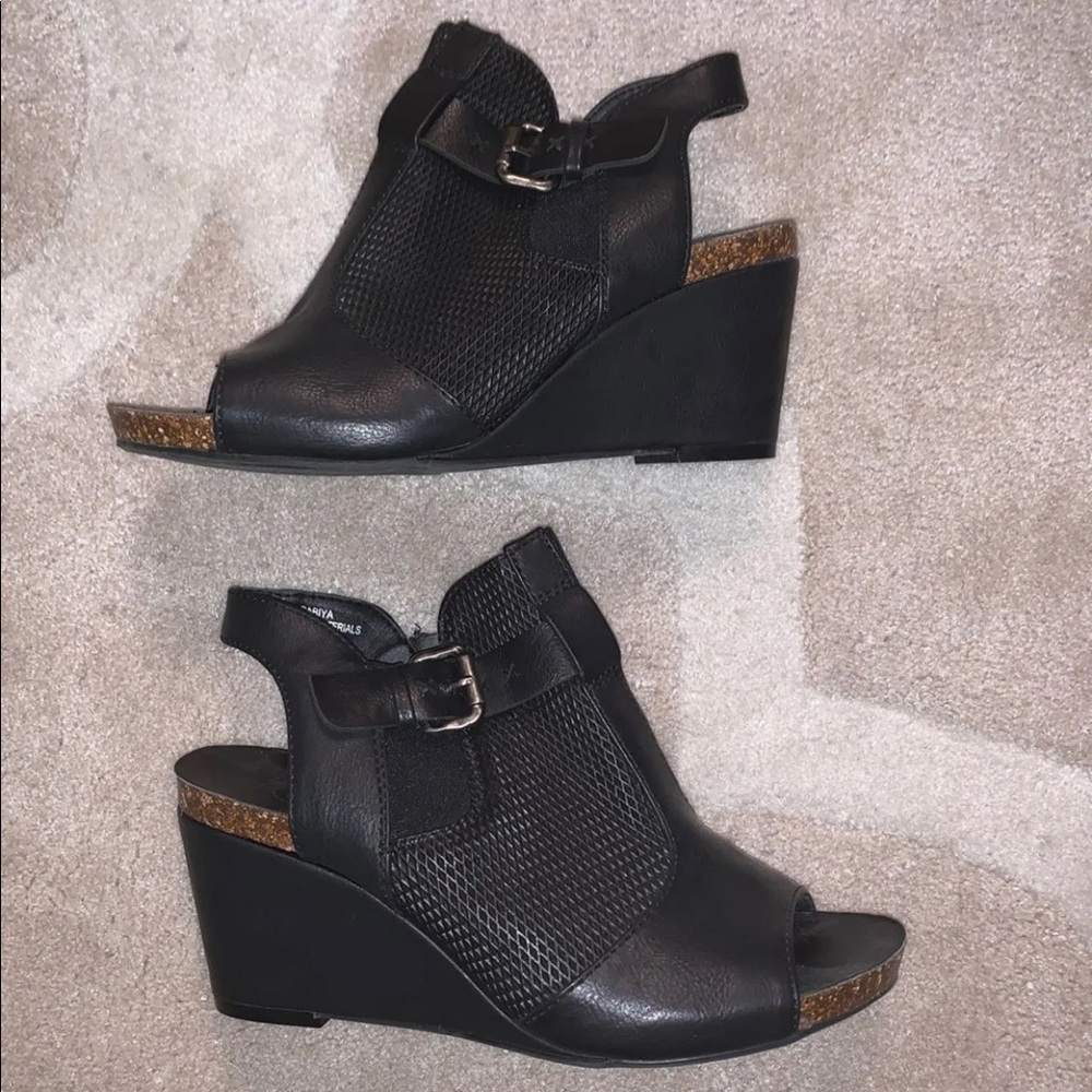 Black leather wedge booties